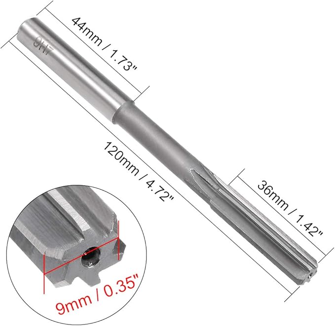 uxcell Chucking Reamer 9mm, H7 HSS Lathe Machine Reamer 6 Straight Flutes, Round Shank Milling Cutting Tool, Metric Reaming Drill Bit for Stainless Steel Metal Hole