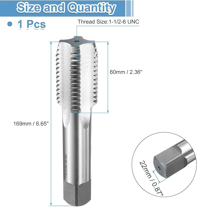 uxcell Hand Bottom Tap 1-1/2-6 UNC 2B Thread Bottoming Style Threading Taps High Speed Steel HSS6542 Straight Flutes Screw Tapping Tool