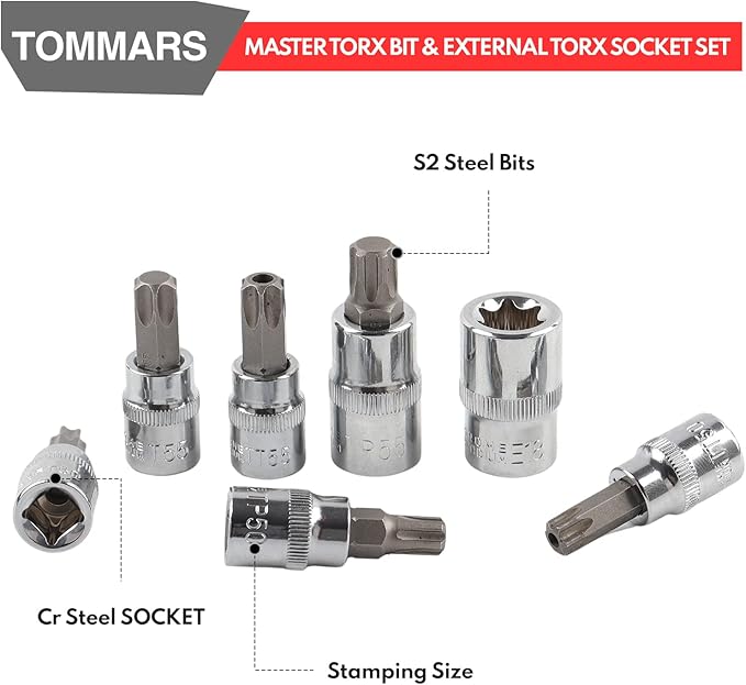 TOMMARS 60-Pc Master Torx Bit Socket and External Socket Set 1/4", 3/8", 1/2" Drive, S2 Steel Bits, CRV Sockets E4-E24, T6-T70,TT6-TT70,TP8-TP60