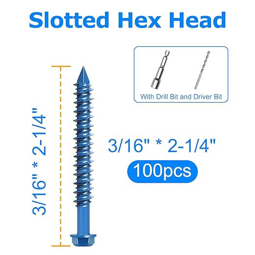 100PCS Concrete Screws Assortment Kit, 3/16" x 2-1/4" Masonry Screws with Drill Bit and Driver Bit, Hex Head Cement Screws and Anchor, Diamond Point, Self Tapping Concrete Brick or Stucco, Blue Coated