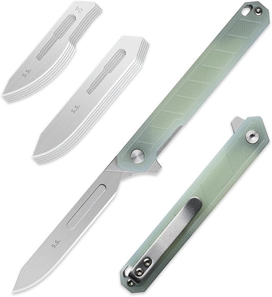 G046 Mecha Mini Slim Folding Scalpel with 5pcs #24 and 5pcs #60 G13 Handle with Liner Lock, Utility EDC Pocket Knife with Back Clip（Jade Color）
