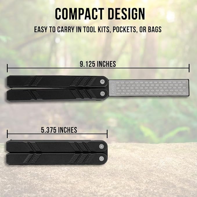 Max Edge Black Sharpener | 5 3/8" Compact Folded Size | Diamond-Coated Sharpening Surface | Textured Handle for Grip | Dual-Grit 400/1000 Stone | 9 1/8" Overall Length When Open