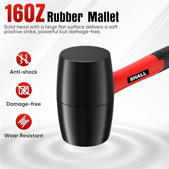 SHALL 2-Piece Rubber Mallet Hammer Set, 16oz Rubber Hammer Mallet & 40mm Double-Faced Soft Mallet, Shockproof Fiberglass Handle with Cushion Grip, Damage-Free to Flooring, Tile, Crafts and Wood Work