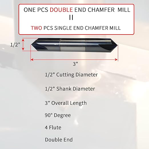 1/2" Chamfer Mill Solid Carbide End Mill,1/2" Cutting Diameter, 3" Overall Length, 4 Flute, 90째 Chamfer Angle, Chamfer Mill, Double End,AlTiN Coated,for Medium Hardness Materials