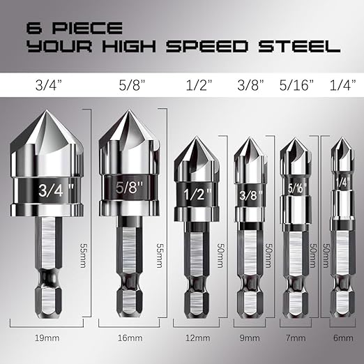 M35 Cobalt Countersink Drill Bit Pro-Grade 6pc Cobalt Countersink Bits Set | 5-Flute Design for Metal/Wood/Stainless Steel/Carbon Steel | Auto Repair & Marine Use | 1/4 Inch Quick Change Hex Shank