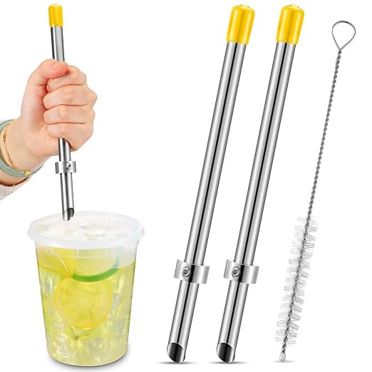 Lasnten 2 Pack Straw Puncher for Plastic Lids Lemonade Cups, Stainless Steel Straw Hole Puncher Punching Tools for Cafe Drinks Deli Container Squeezed Fresh Lemonade Stand Supplies (8.7 Inch,Yellow)