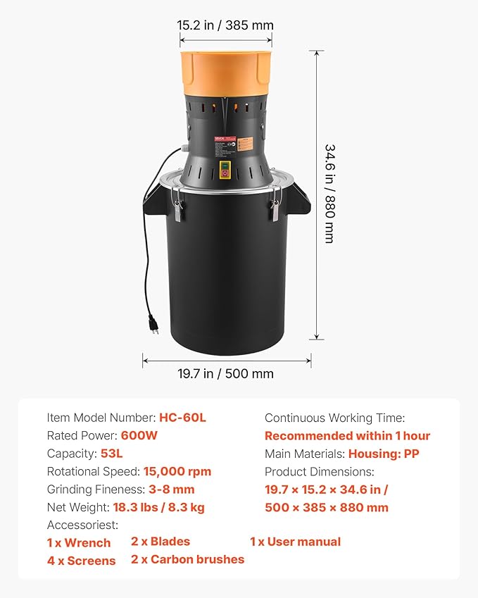 VEVOR Electric Grain Mill Grinder, 600W High Power Commercial Spice Grinder, 60L Pulverizer Powder Machine with Galvanized Sharp Blades, for Dry Grains, Spices, Cereals, Coffee, Corn & Pepper