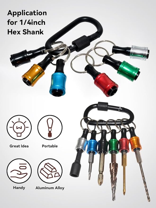 6 Pack 1/4inch Hex Shank Bit Holders with Quick Release Keychain - Aluminum Alloy Drill Bit Carrier for Screwdriver/Nut Driver, Color Coded Tool Organizer