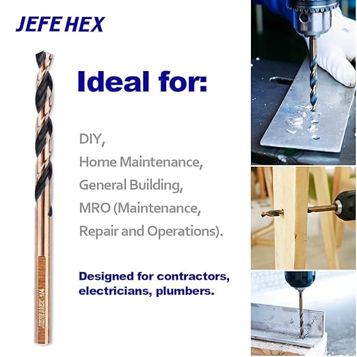 JEFE HEX 12 Pcs 5/16 Inch (Pack of 2, 6 Pack, Total 12) High Speed Steel with 3-Flat Shanks, Black & Gold Finished, Jobber Length Twist Drill Bit, 135 Degree Split Point