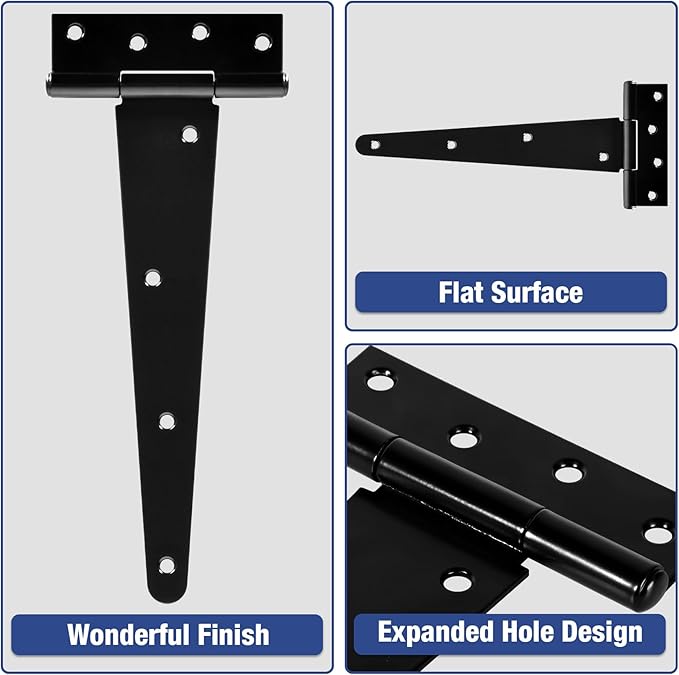 10 Inch Gate Door Hinges T-Strap Shed Hinge Heavy Duty 4 Pack Barn Farm Fence Tee Hinges for Doors Outdoor Kitchen Wood Cabinet Interior Exterior Window Bar Shop Matte Blake Door Hinge Hardware Kit