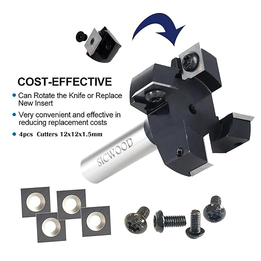 Slab Flattening Router Bit 1/2 Shank, 4-Flute 2" Cutting Dia, Insert Carbide CNC Spoilboard Surfacing Router Bit, Wood Planer Planing Bit for Flycutter/ Slab Leveler/ Rabbeting by SICWOOD