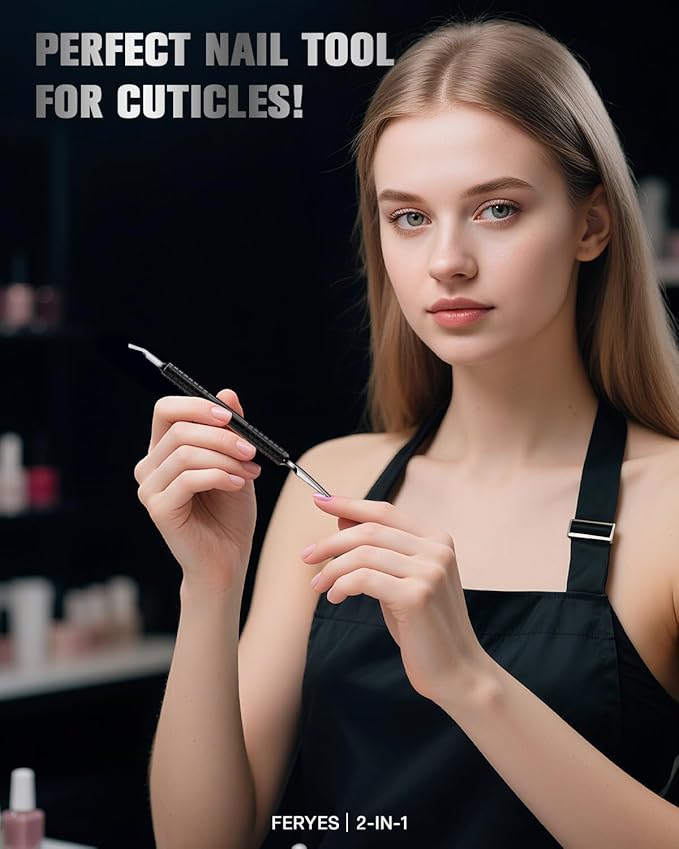 FERYES Cuticle Pusher with Fork, 2-in-1 Cuticle Remover Tool, Upgraded Stainless Steel Cuticle Trimmer Nail Care Tool for Manicures- Black(5.8 Inches）