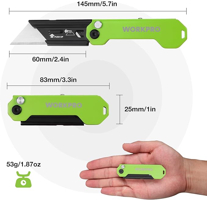 WORKPRO 2PCS EDC Folding Utility Knife, Mini Box Cutter with Quick Open Axis Lock, Quick Change Blade Razor Knife, Foldable Small Pocket Knife with Belt Clip, 2 Packs with 10 Extra Blades