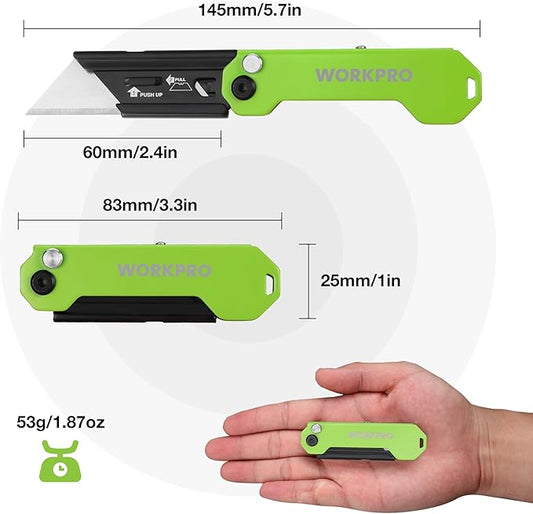 WORKPRO 2PCS EDC Folding Utility Knife, Mini Box Cutter with Quick Open Axis Lock, Quick Change Blade Razor Knife, Foldable Small Pocket Knife with Belt Clip, 2 Packs with 10 Extra Blades