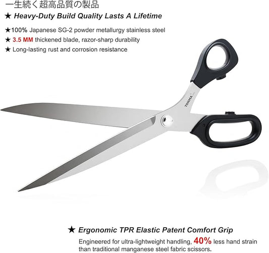 TONMA Dressmaker's Fabric Scissors [Made in Japan] 12-Inch Lightweight Sewing Scissors Japanese SG2 Stainless Steel Dressmaking Shears for Fabric Leather Upholstery Crafting, Right Handed