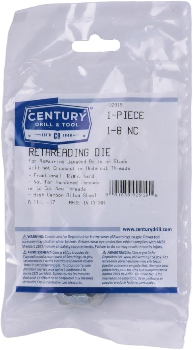 Century Drill & Tool 92919, 1-8 NC, National Coarse Fractional Right Hand Rethreading Die, High Carbon Steel, Fix Damaged Bolts or Studs