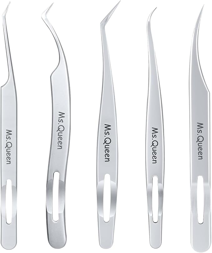 Ms.Queen Lash Tweezers for Eyelash Extensions, 5 Pcs Tweezers Set Professional Fine Tip Curved 45 Degree Lash Tweezers for Classic, Volume & Mega Volume Lashes - Ideal for Lash Artists