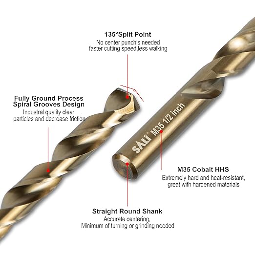 SALI Cobalt Drill Bit Set, 5Pcs 1/2" M35 High Speed Steel Jobber Length Drill Bit Kit for Hardened Metal, Stainless Steel, Cast Iron, Wood and Plastic, with Index Storage Case