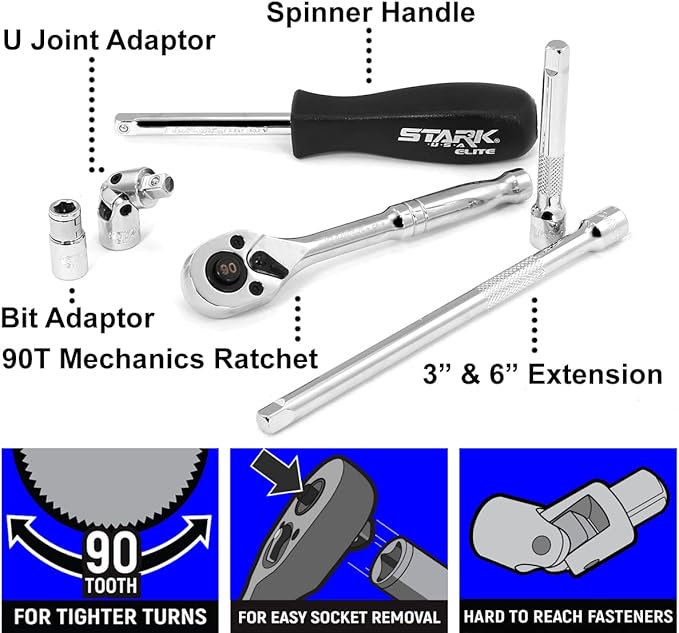 Stark USA 55-Pieces 1/4" Socket Set, Drive Socket Wrench Set, 1/4-inch Quick-Release Ratchets 90-Tooth Pear Head Ratchet SAE (5/32-9/16) MM (4-14)
