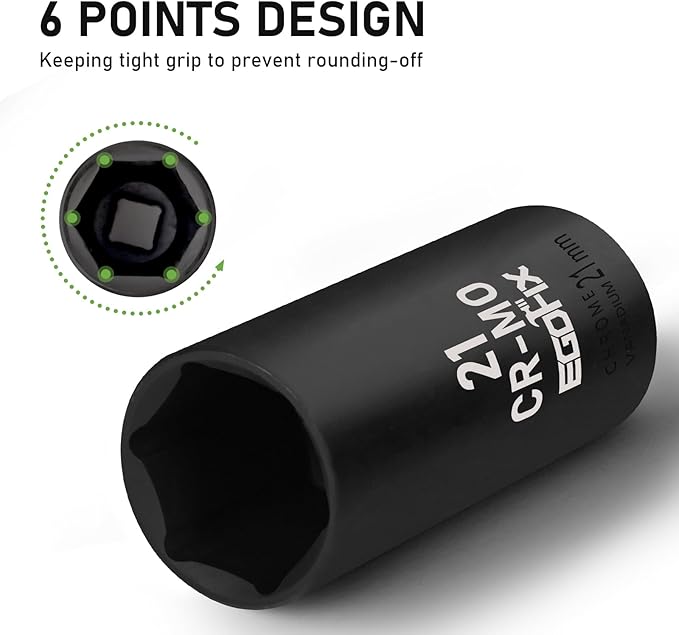 3/8" Drive Deep Impact Socket, 21mm Metric Socket, CR-MO 6 Point for Easy Removal of Axle Nut