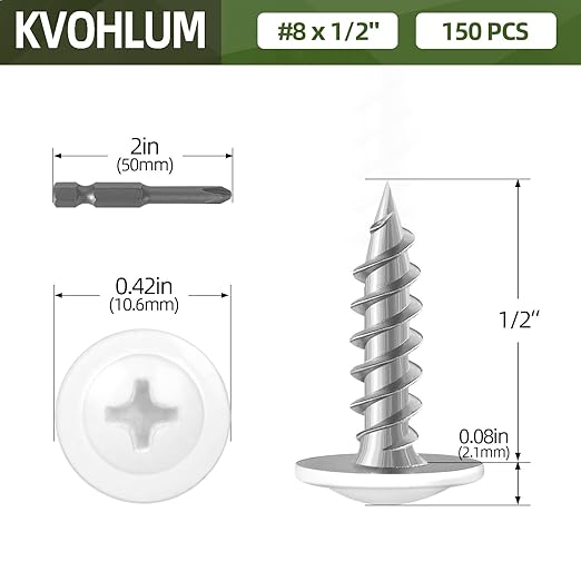#8 x 1/2" (150 PCS) Modified Truss Head Wood Screws, Phillips Drive Quick Metal Self Tapping Screws, White Head, Full Thread, Screwdriver Bit Included