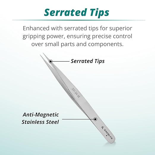 Excelta Stainless Steel Tweezers, Straight, Anti-Magnetic, Serrated Tips for Enhanced Grip, Ideal for General Assembly, 4.75" Length, Basic