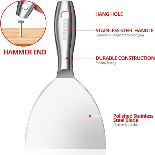 6 Inch Putty Knife Scraper,6" One Piece Premium Polished All-Stainless Steel Scraper Tool for Spreading Drywall Spackle & Mud, Taping, Scraping Paint