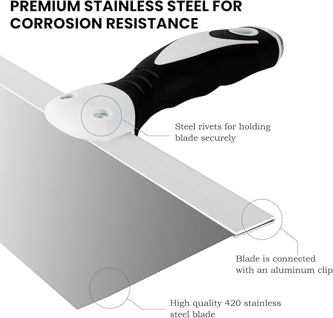 Mister Rui Drywall Tools, 7 Pieces Stainless Steel Putty Knife Set, Taping Knives, 10 in 1 Paint Scraper, Spackle Knife Set