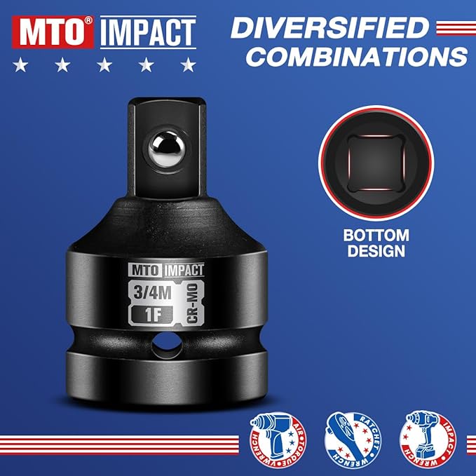 MTO 1" Female to 3/4" Male Impact Socket Adapter, Reducer for Impact Driver Conversions, Chrome Molybdenum Alloy Steel