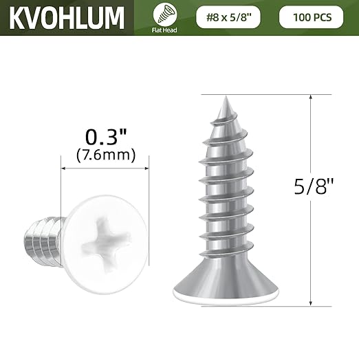 100 PCS #8 x 5/8" White Head Sheet Metal Screws, Flat Head Phillips Fast Self Tapping Screws, Countersunk Head Wood Screws, Screwdriver Bit Included