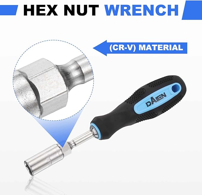 HARFINGTON Metric Nut Driver 11mm CR-V Non-Magnetic Detachable Tip Hollow Shafts Hex Socket Screwdriver with Anti-Slip Handle for Automobile Repair Bit Driver, Blue/Black
