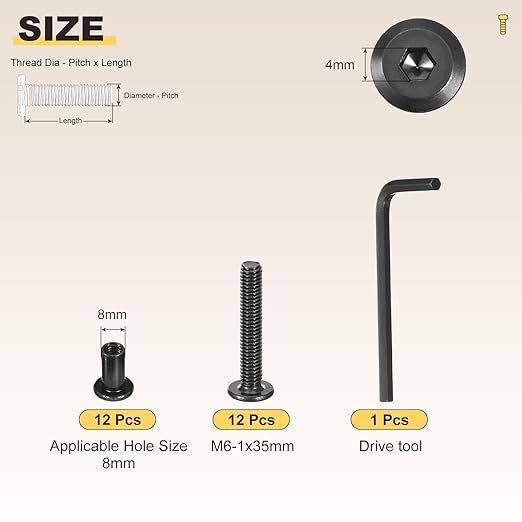 METALLIXITY Furniture Crib Screws Replacement Set with Wrench(M6-1x35mm) 24Pcs, Galvanization Connector Bolts M6 Screw Barrel Nuts Binding Screws, for Chair Cabinet Bed, Black