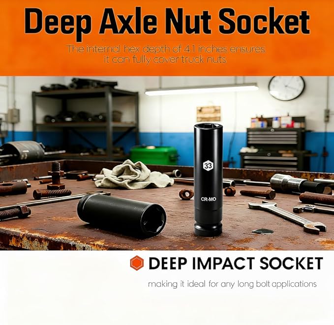 1 Inch Driver 33mm Extra Deep Impact Socket, 7.9 inch Length Deep Axle Nut Socket,6 Point Cr-Mo Deep Truck Wheel Nut Socket,Radius Corner Design, Chamfered Opening