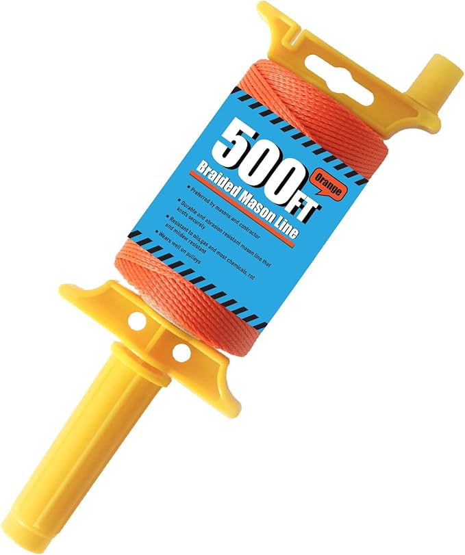 MERIANE Mason Line w/Reloadable Line Reel, 500FT Nylon String Line, 18# Braided Twine String for Masonry Job, Level Lines in Construction, Gardening, Fluorescent Orange