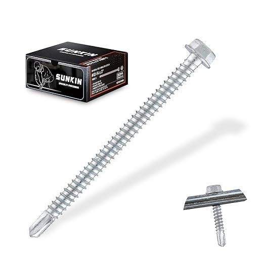 SUNKIN 42PCS Self Tapping Screws for Metal, Bi-Metal Stainless Steel 304 Rustproof, #12 x 3 Hex Head, Hardened Self Drilling Tip for Steel, Extreme Long Service Life