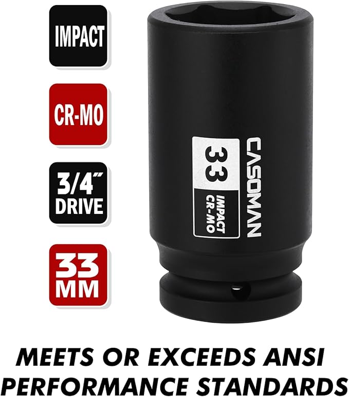 CASOMAN 3/4" Drive 33 mm Axle Nut Impact Socket, CR-MO, 6 Point Deep Impact Socket (33MM) for Easy Removal of Axle Shaft Nuts