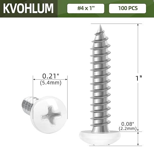 100 PCS #4 x 1 White Head Sheet Metal Screws, Pan Head Phillips Fast Self Tapping Screws, Round Head Wood Screws, Screwdriver Bit Included