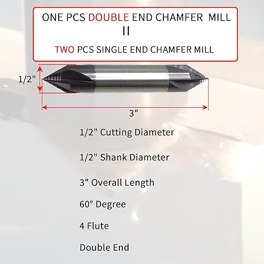 1/2" Carbide Chamfer Mill, 60 Degree, Double End, 4 Flute, Solid Carbide, AlTiN Coated, 3" Overall Length, for Medium Hardness Materials