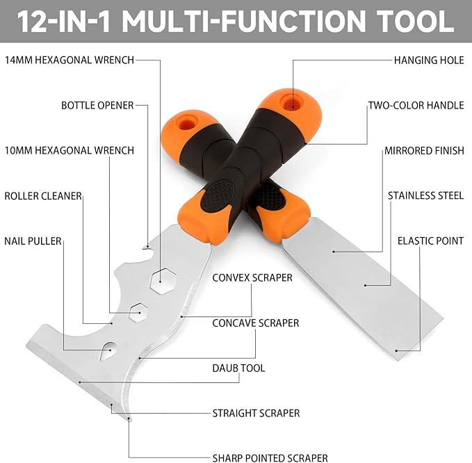 WEGAZ-2 Pack, 12-In-1 Paint Scraper Tool竊똌ulti-Use Painters Tool, 1.5 Inch Stainless Steel Putty Knife Scraper竊똏aint Scraper for Painting & Wood竊똓azor Blade Scraper