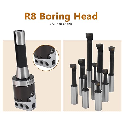 Kimllier 2 Inch Boring Head R8 1/2 Inch Shank Boring Bar Set 9Pcs Carbide Tipped Bars Lathe Tool Fit for Milling Machine