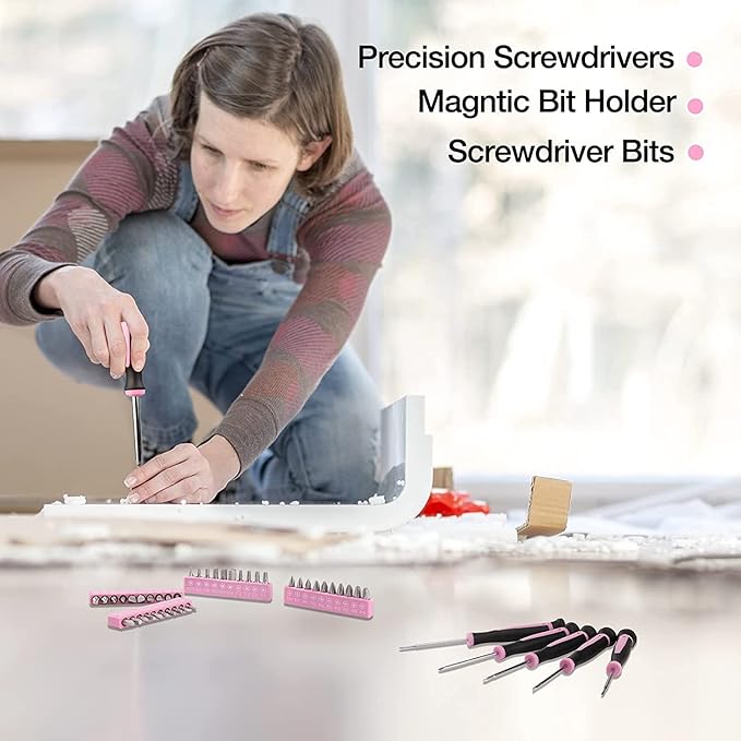 39 Piece All Purpose Basic Household Pink Tool Kit for Women - Small Tool Set with Toolbox Great for Home, Garage, Office and College Dormitory Use