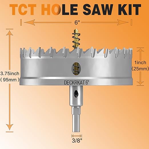 DECKRKAT 6" TCT Hole Saw, Heavy Duty 152mm Tungsten Carbide Tipped, Spring-Loaded Pilot Drill Bit, for Stainless Steel, Aluminum, Plastic, Copper, Alloy Steel