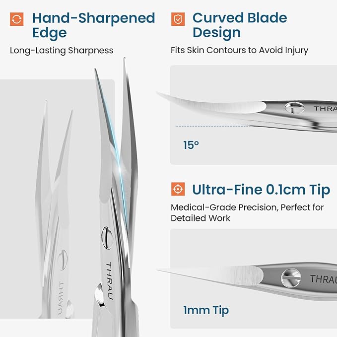 THRAU Right-Handed Cuticle Scissors ??Surgical Grade Stainless Steel with Sharp Curved Tip for Cuticles, Nails, Eyebrows, Eyelashes, Nose Hair & Beard ??Ideal for Manicure & Precise Grooming