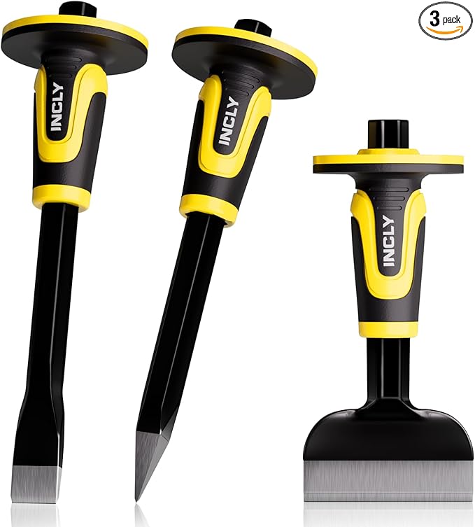 INCLY 3PCS Masonry Chisel Set with Hand Guard, Stone and Rock Chisel, Heavy Duty Concrete Chisel Tools Including 11 Inch Point & Flat, 8 Inch Brick Chisels for Breaking Splitting Cutting