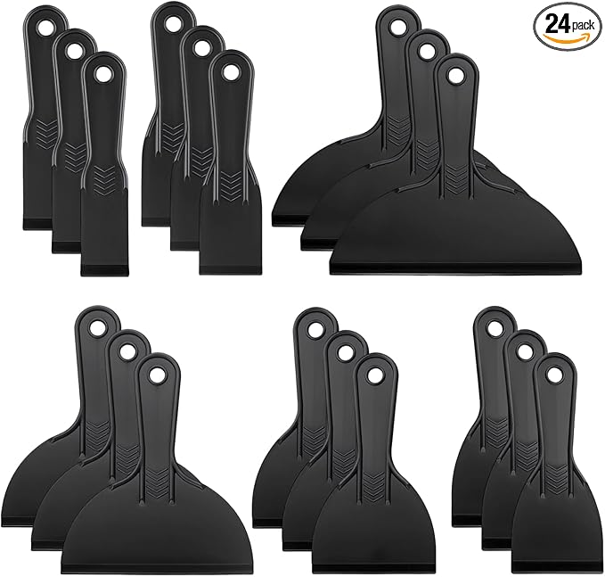 24 PCS Putty Knife Set, 6 Sizes Plastic Putty Knife Scraper, Flexible Plastic Paint Scraper Tool for Spackling, Wallpaper Scraper Tool, Black