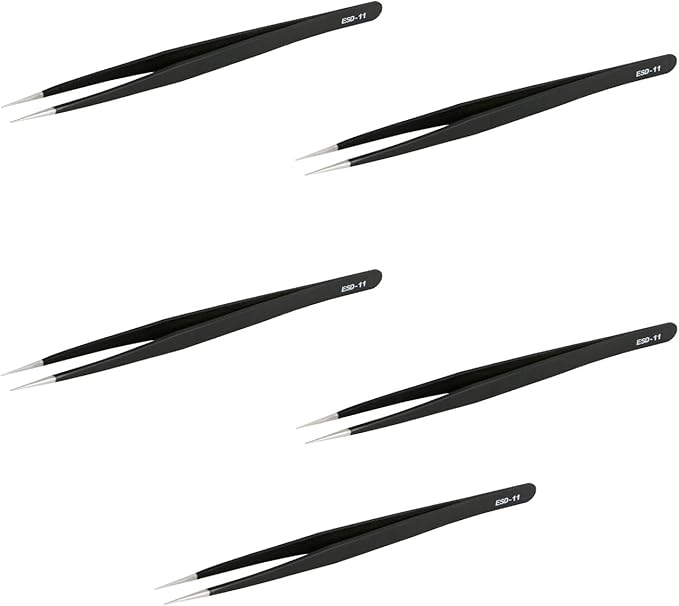 Aoje-Link ESD-11 Professional Anti-Static Precision Technology Tweezers, Non-magnetic Fine Tip Straight, Stainless Steel Plastic Coated, Full Length 142mm, Black, 5pcs