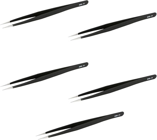 Aoje-Link ESD-11 Professional Anti-Static Precision Technology Tweezers, Non-magnetic Fine Tip Straight, Stainless Steel Plastic Coated, Full Length 142mm, Black, 5pcs