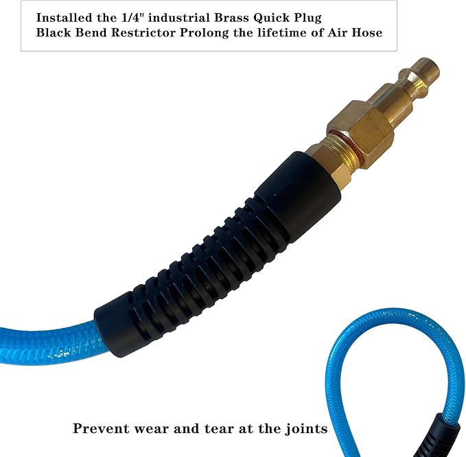 Air Hose 1/4 in x 100 ft, Polyurethane(PU), Reinforced Air Compressor Hose, Lightweight, Kink Resistant with 1/4??Industrial High Flow Quick Coupler&Plug, Bend Restrictors,300 PSI (100FT, White Blue)