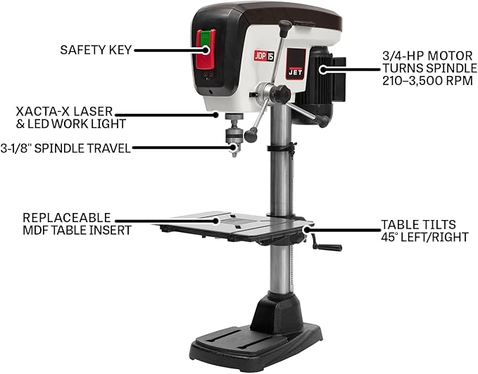 JET 15-Inch Benchtop Drill Press, 16 Speed, 3/4 HP, 115V 1Ph (Model JDP-15B)