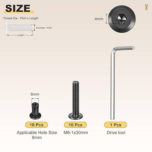 METALLIXITY Furniture Crib Screws Replacement Set with Wrench(M6-1x30mm) 20Pcs, Galvanization Connector Bolts M6 Screw Barrel Nuts Binding Screws, for Chair Cabinet Bed, Black
